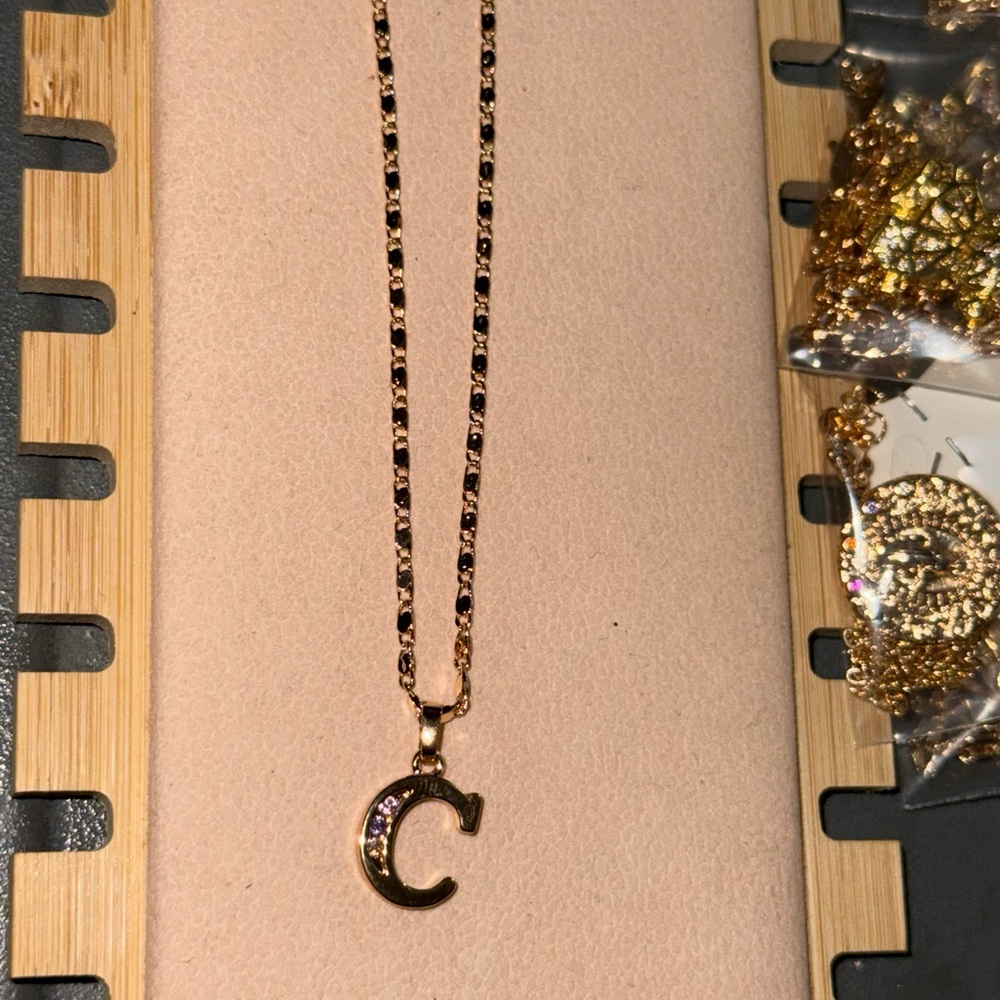 Oro Laminado letter C Gold Crescent Pendant Necklace